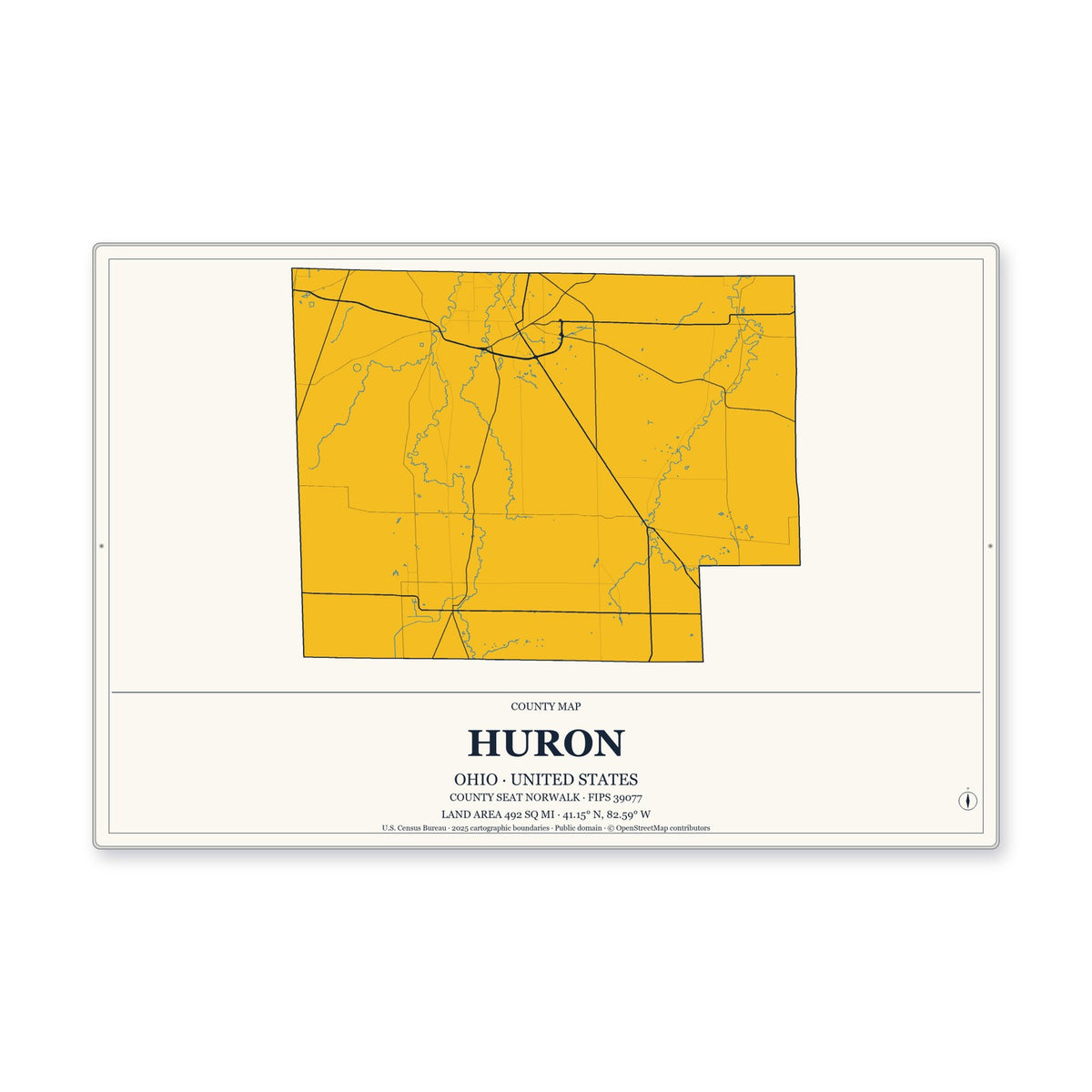 Huron County, Ohio Map Aluminum Sign in Citrine Modern style