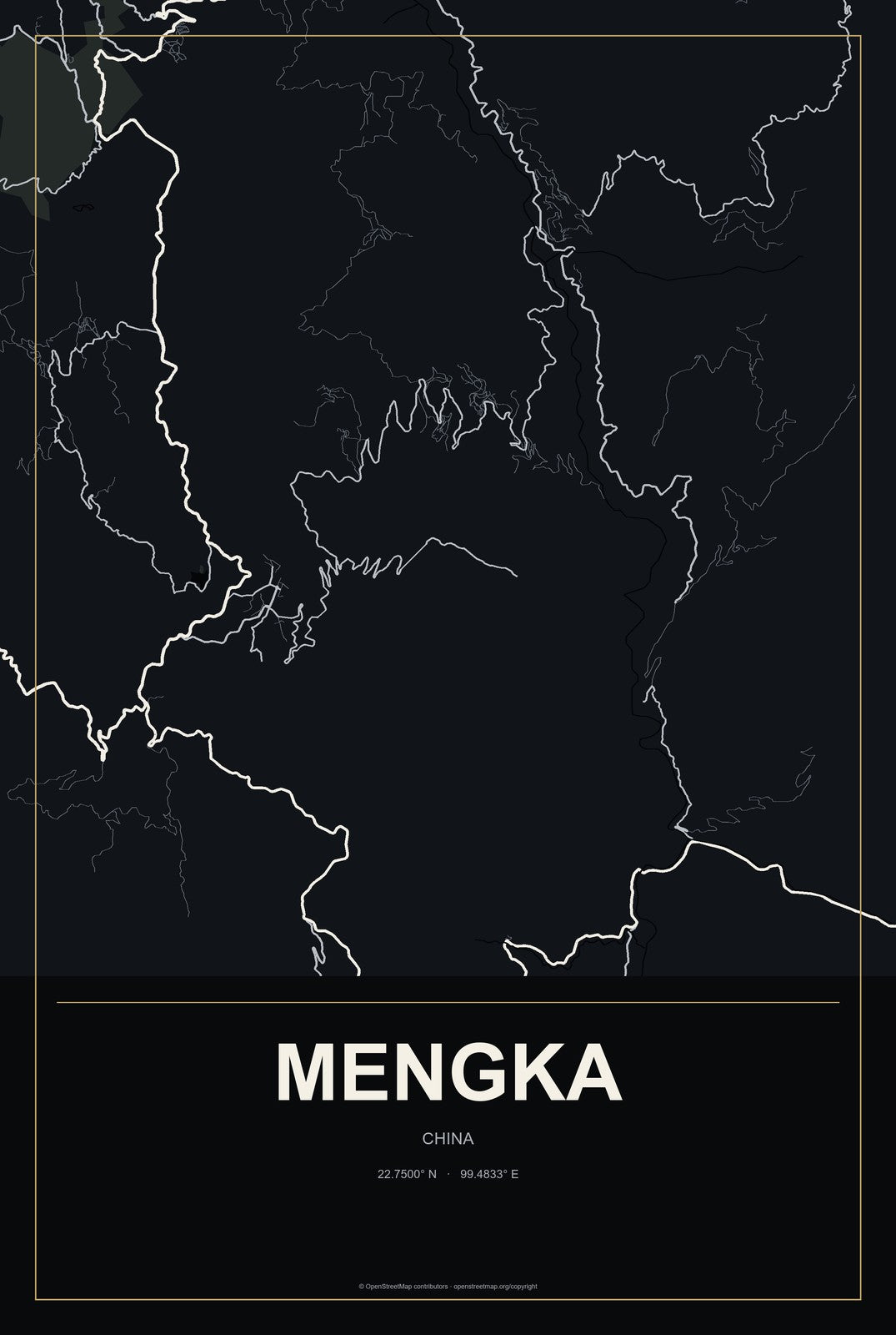 Mengka, China City Map Aluminum Sign in Metropolitan Noir style