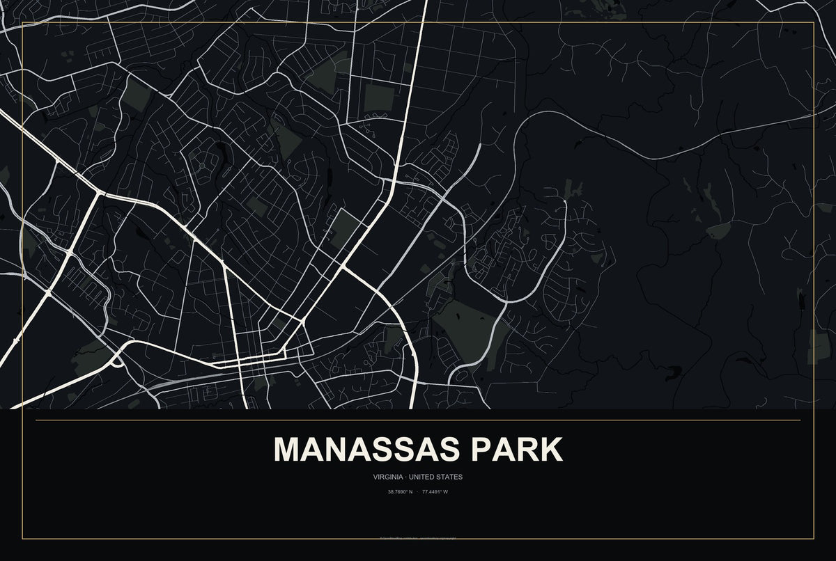 Manassas Park, Virginia City Map Aluminum Sign in Metropolitan Noir style