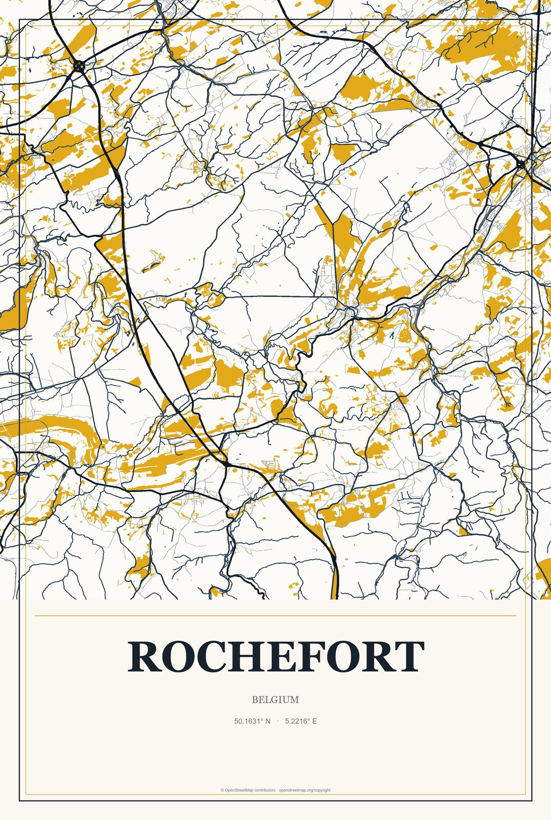 Rochefort, Belgium City Map Aluminum Sign in Citrine Modern style