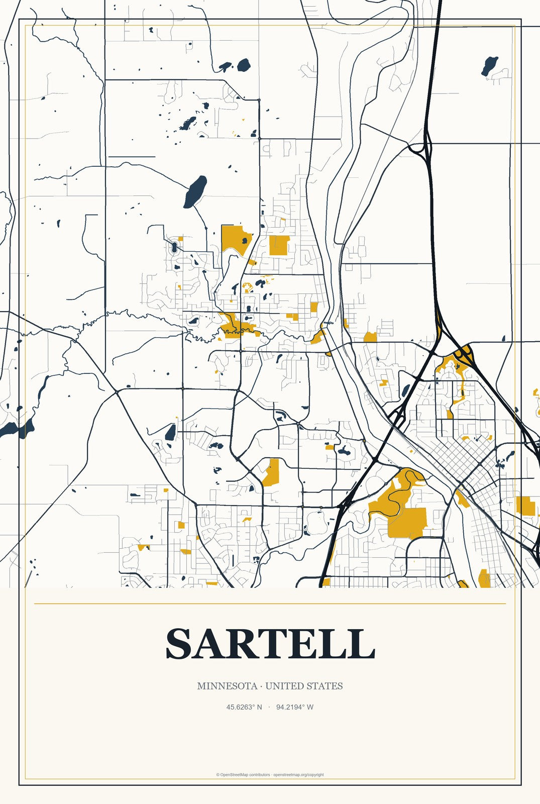 Sartell, Minnesota City Map Aluminum Sign in Citrine Modern style