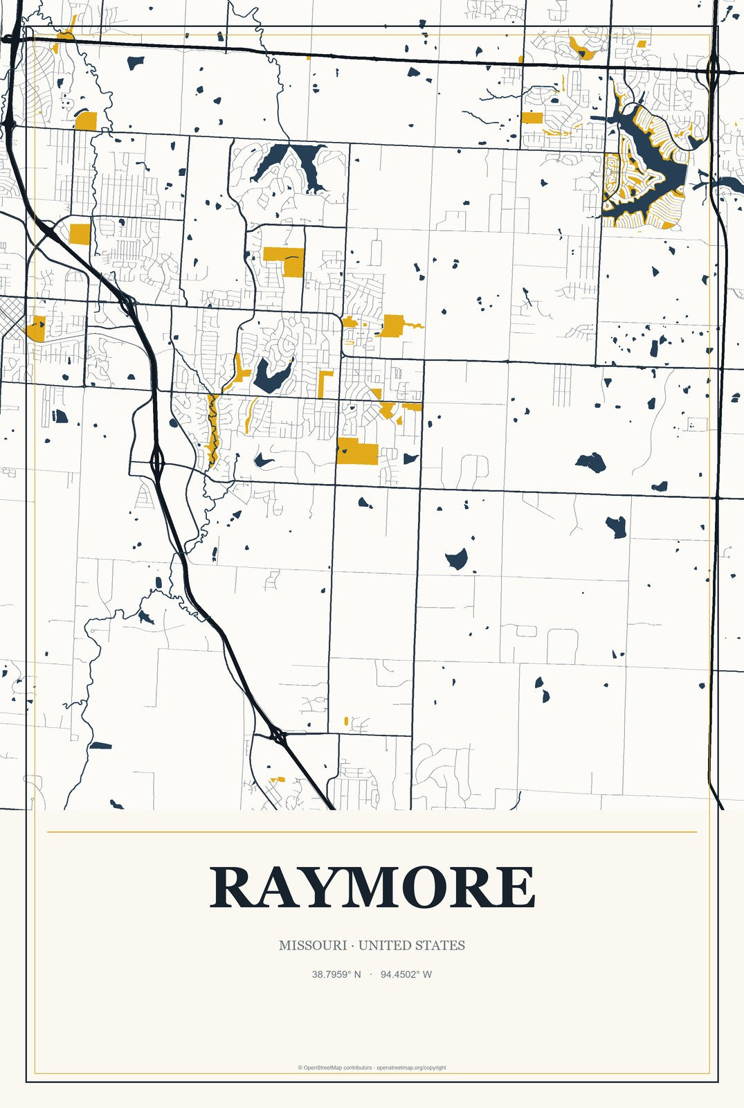 Raymore, Missouri City Map Aluminum Sign in Citrine Modern style
