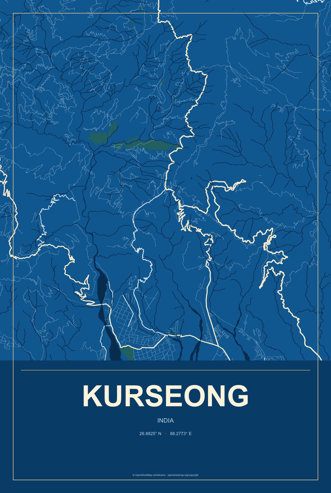 Kurseong, India City Map Aluminum Sign in Harbor Cobalt style