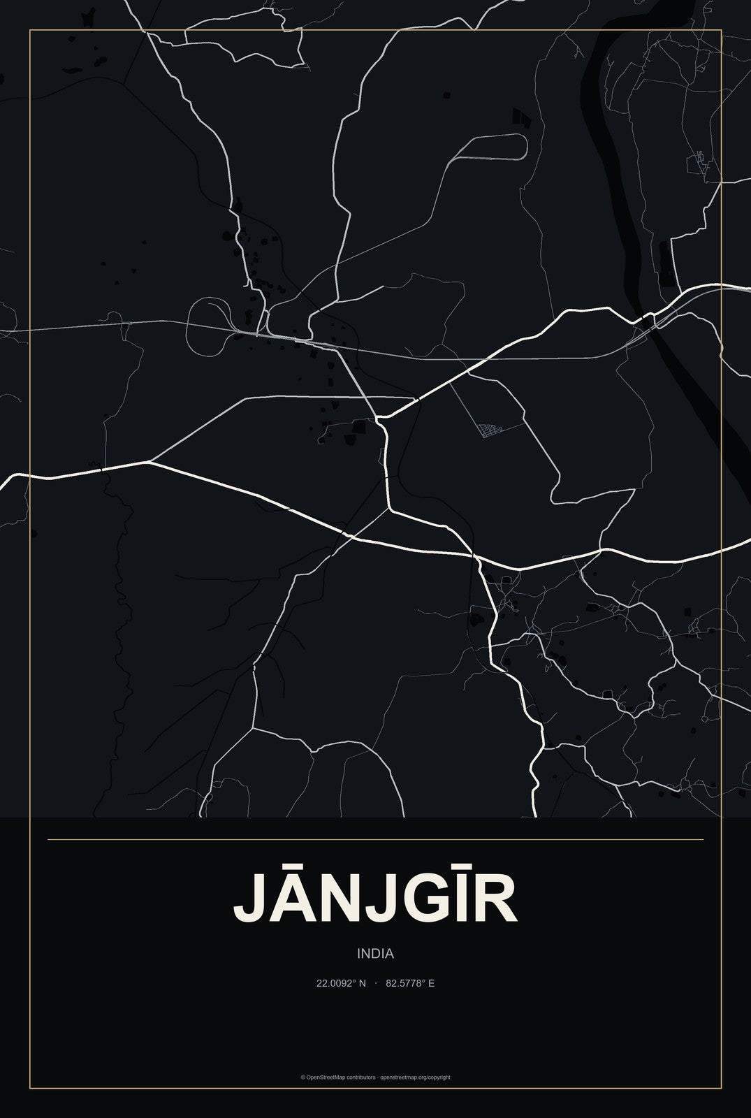 Jānjgīr, India City Map Aluminum Sign in Metropolitan Noir style