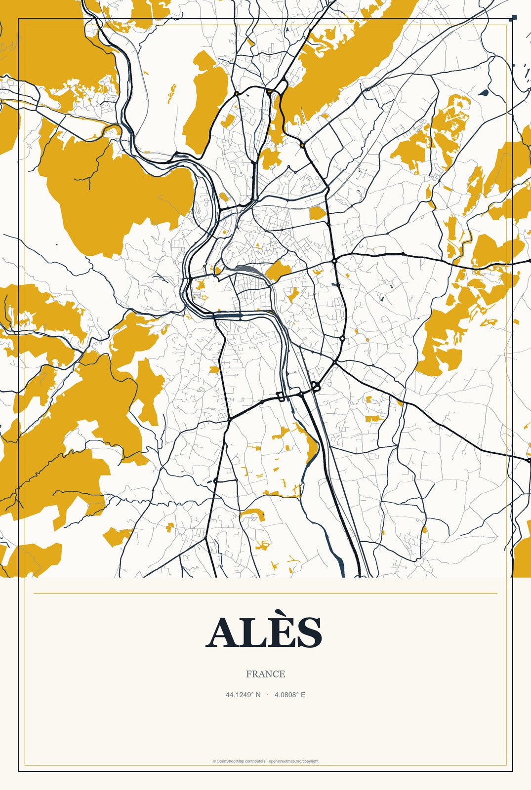 Alès, France City Map Aluminum Sign in Citrine Modern style