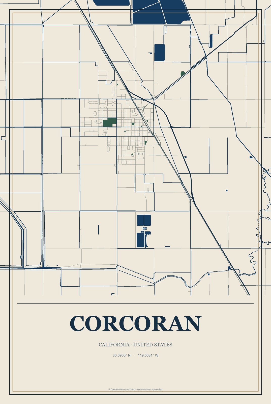 Corcoran, California City Map Aluminum Sign in Coastal Cutout style