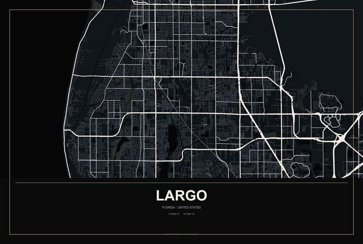 Largo, Florida City Map Aluminum Sign in Metropolitan Noir style