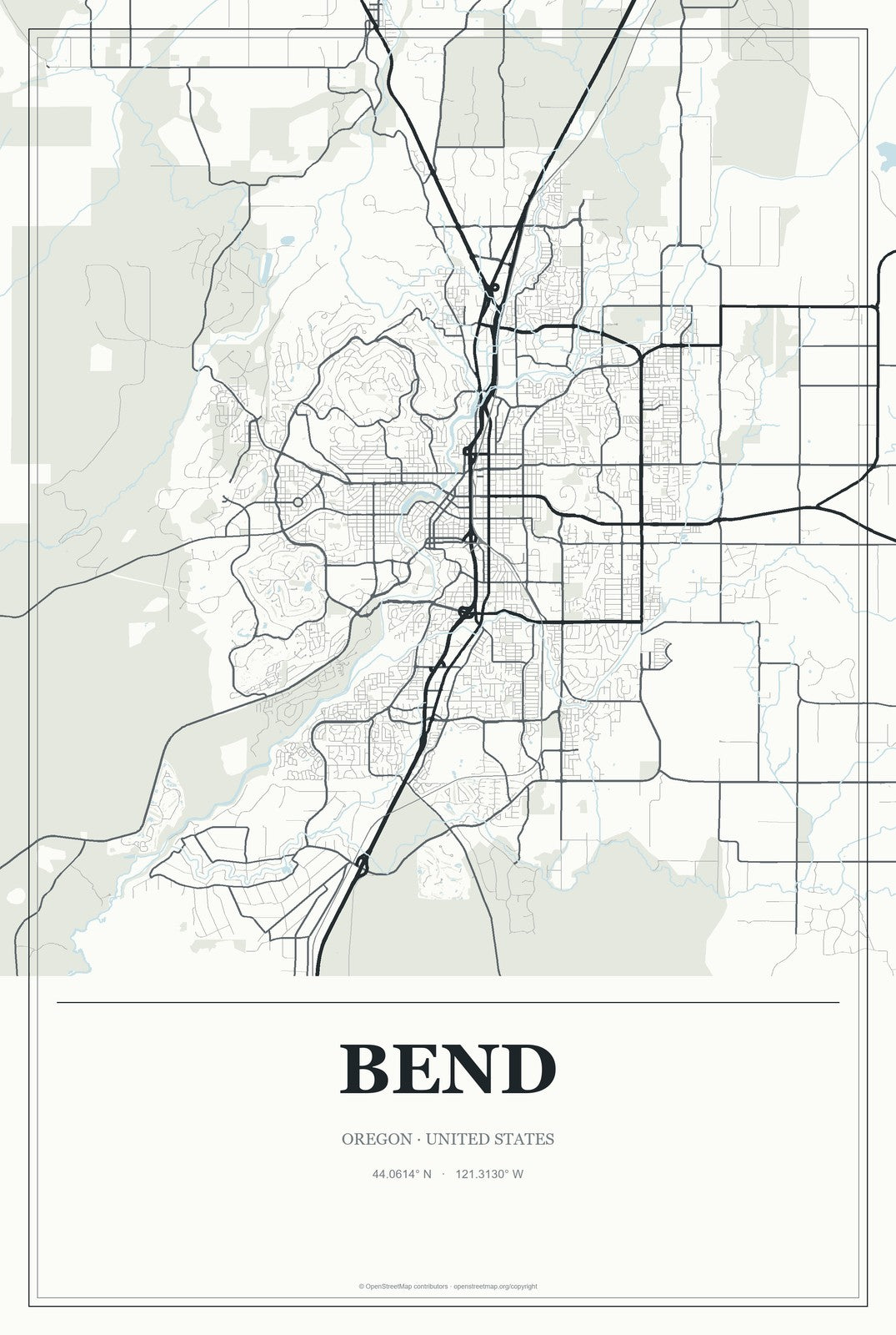 Bend, Oregon City Map Aluminum Sign in Gallery Air style