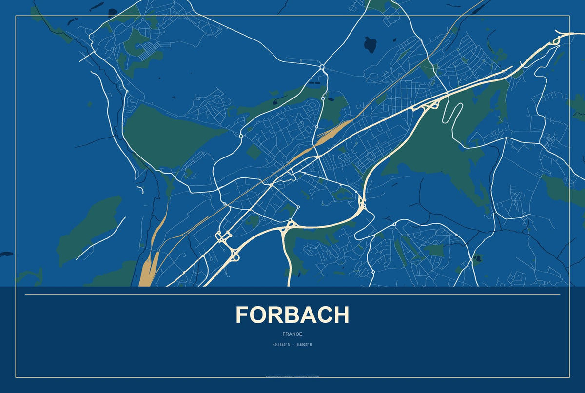 Forbach, France City Map Aluminum Sign in Harbor Cobalt style