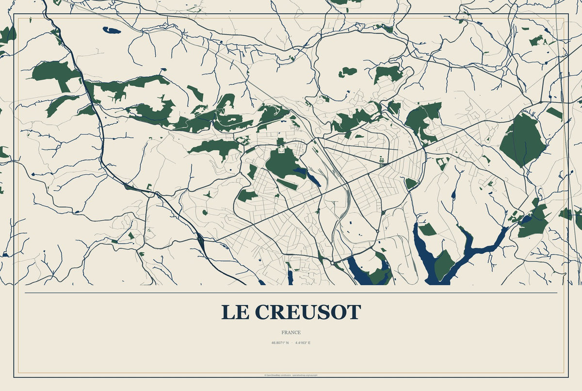 Le Creusot, France City Map Aluminum Sign in Coastal Cutout style