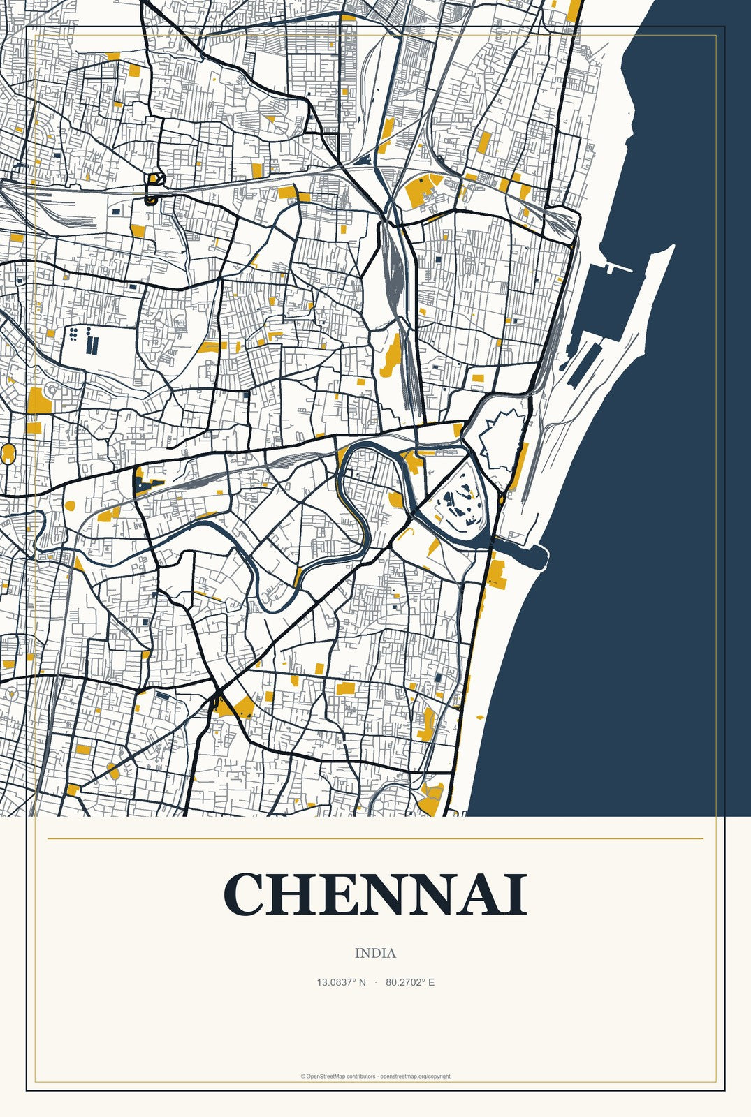 Chennai, India City Map Aluminum Sign in Citrine Modern style