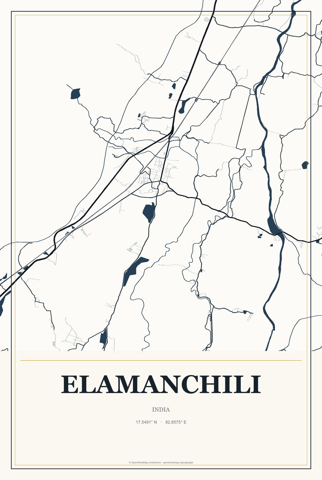 Elamanchili, India City Map Aluminum Sign in Citrine Modern style