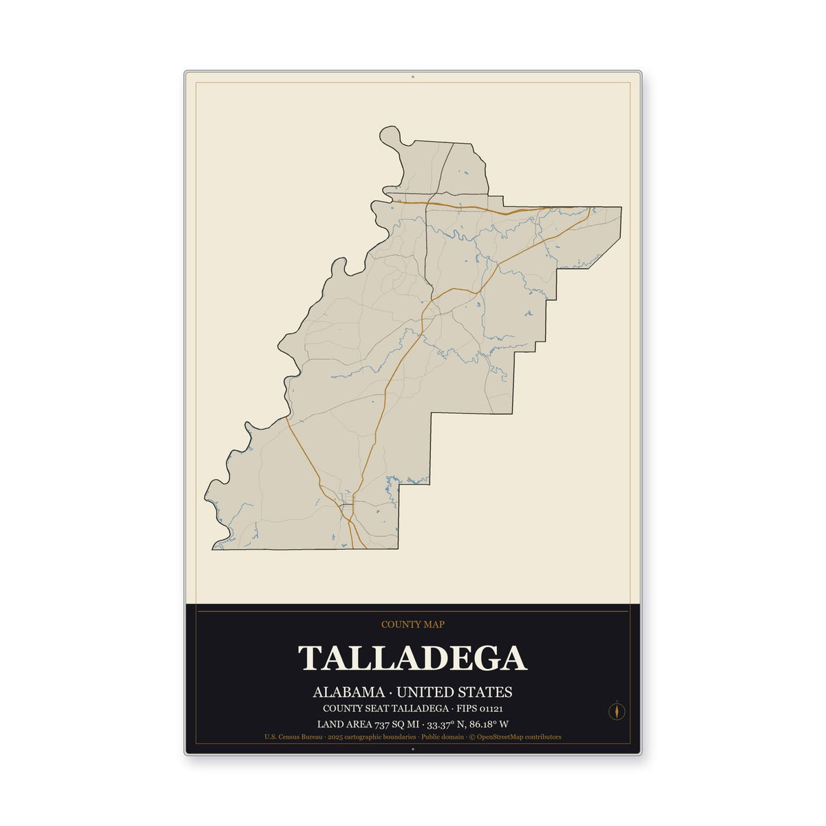 Talladega County, Alabama Map Aluminum Sign in Museum Plaque style