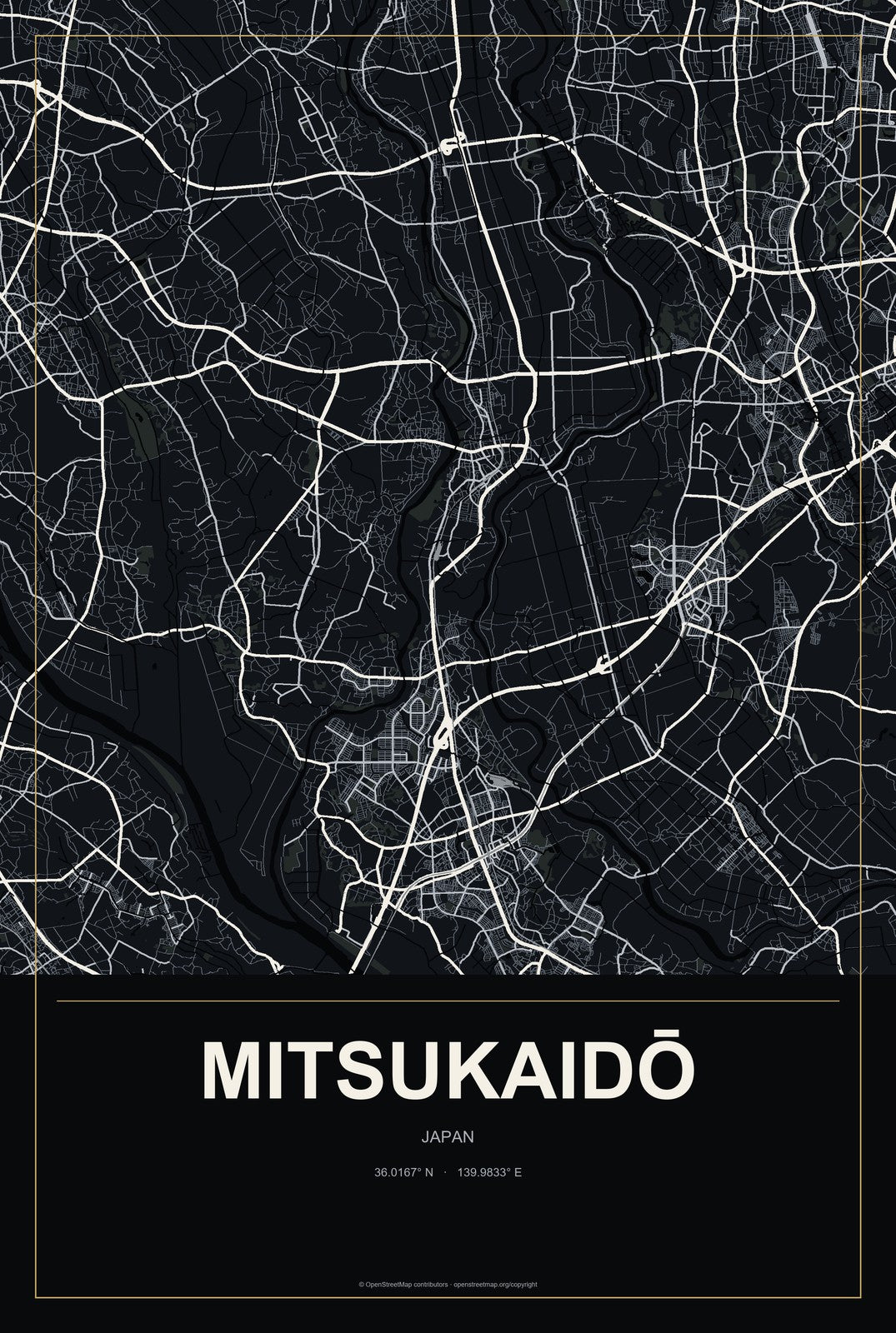 Mitsukaidō, Japan City Map Aluminum Sign in Metropolitan Noir style