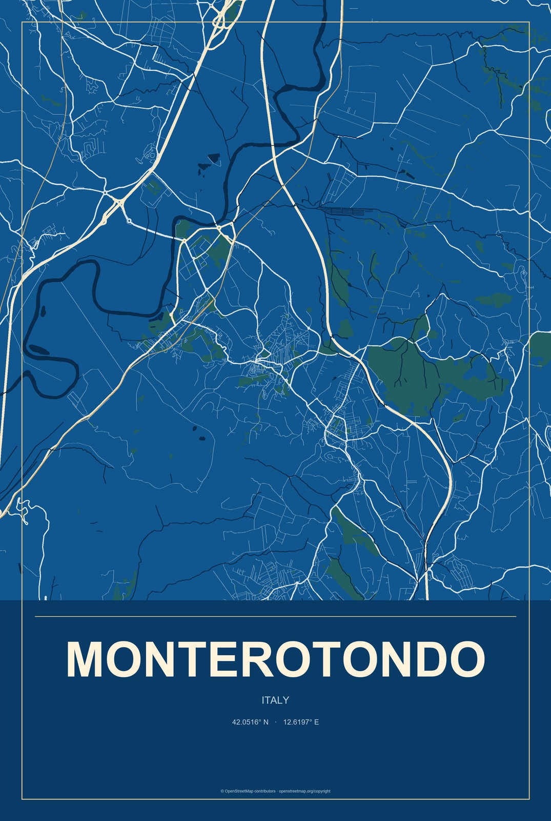 Monterotondo, Italy City Map Aluminum Sign in Harbor Cobalt style