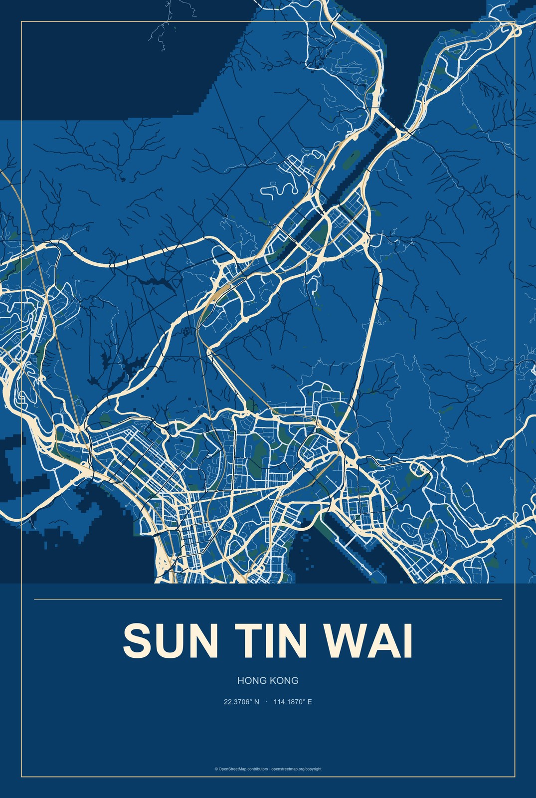 Sun Tin Wai, Hong Kong City Map Aluminum Sign in Harbor Cobalt style