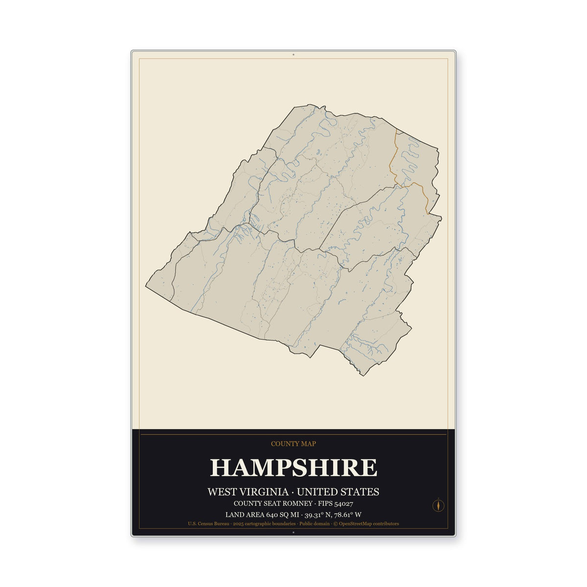 Hampshire County, West Virginia Map Aluminum Sign in Museum Plaque style