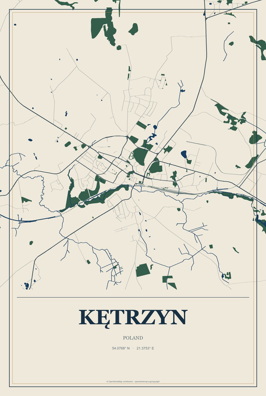 Kętrzyn, Poland City Map Aluminum Sign in Coastal Cutout style
