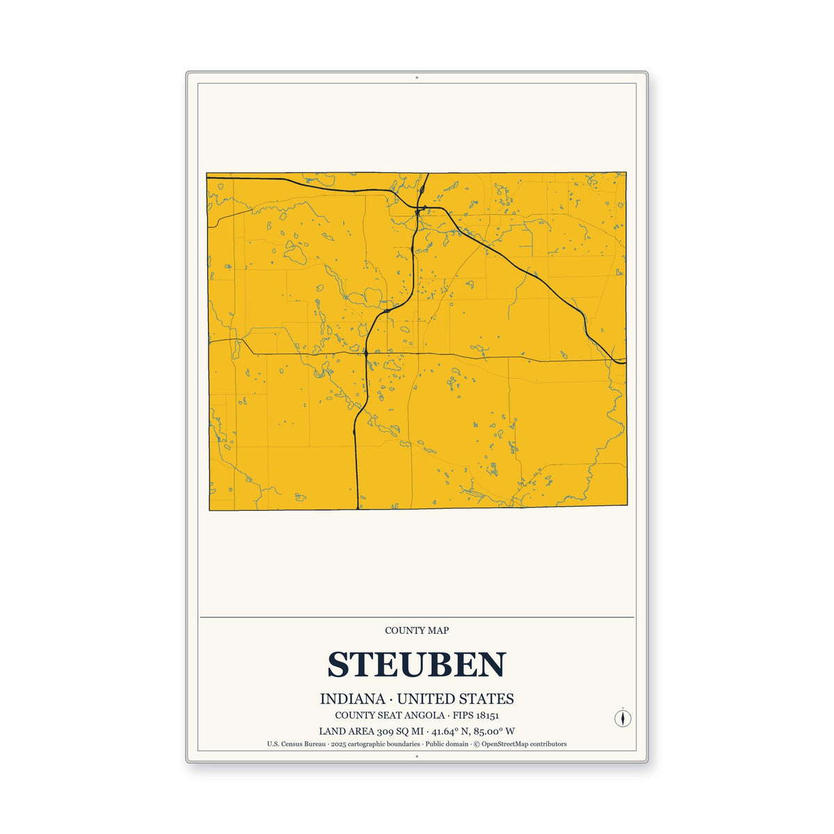 Steuben County, Indiana Map Aluminum Sign in Citrine Modern style