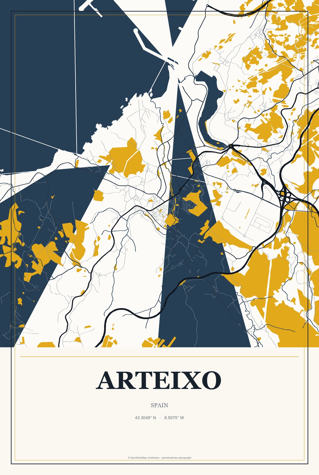 Arteixo, Spain City Map Aluminum Sign in Citrine Modern style