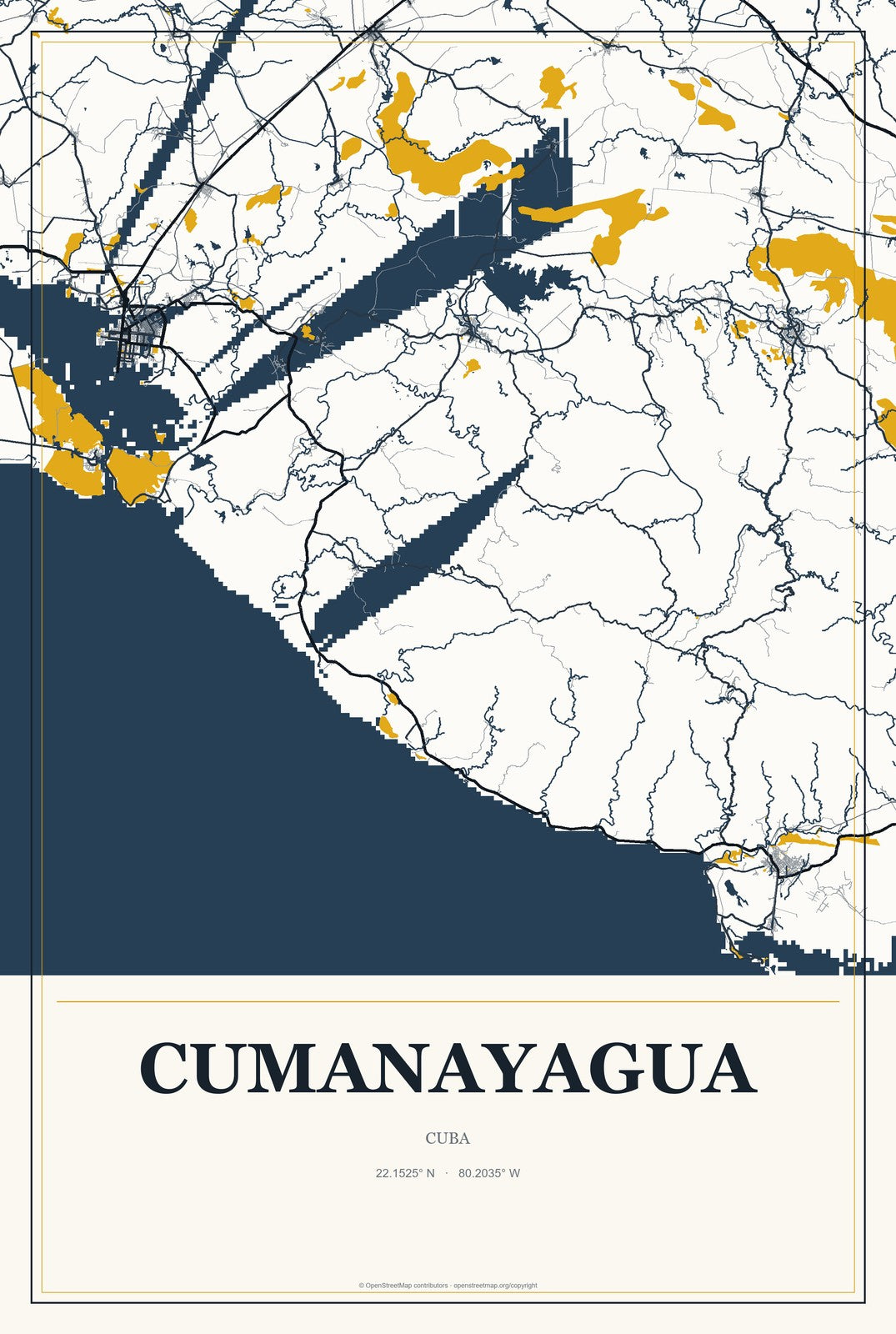 Cumanayagua, Cuba City Map Aluminum Sign in Citrine Modern style