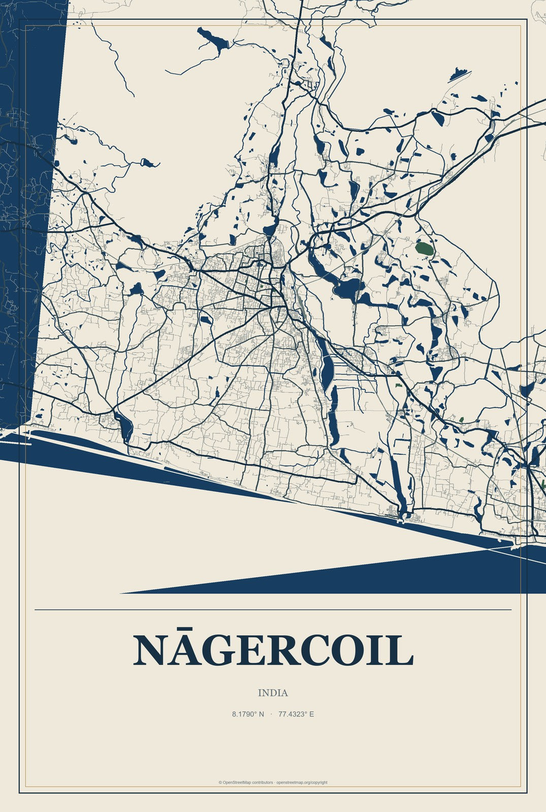 Nāgercoil, India City Map Aluminum Sign in Coastal Cutout style