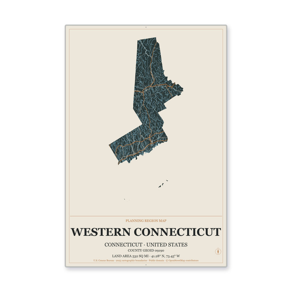 Western Connecticut Planning Region, Connecticut Map Aluminum Sign in Headline Atlas style
