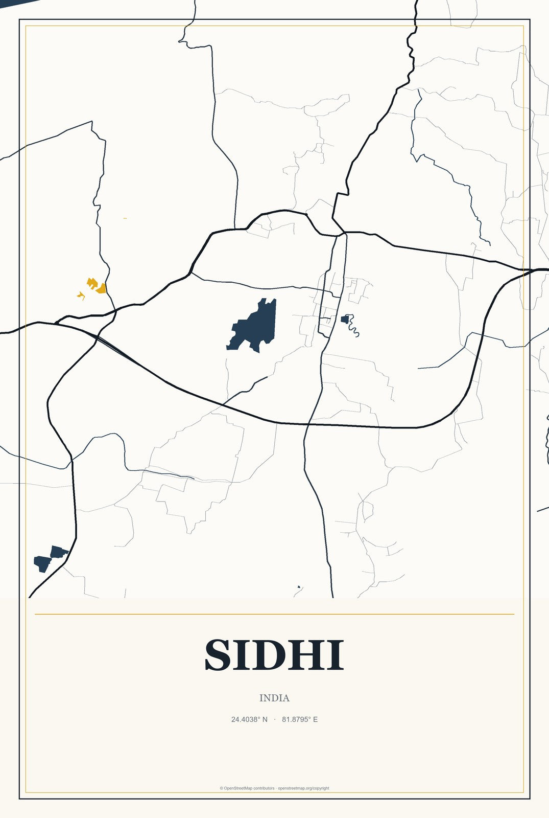 Sidhi, India City Map Aluminum Sign in Citrine Modern style