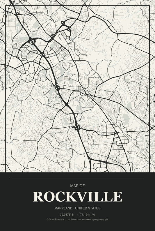 Rockville, Maryland City Map Aluminum Sign in Museum Plaque style