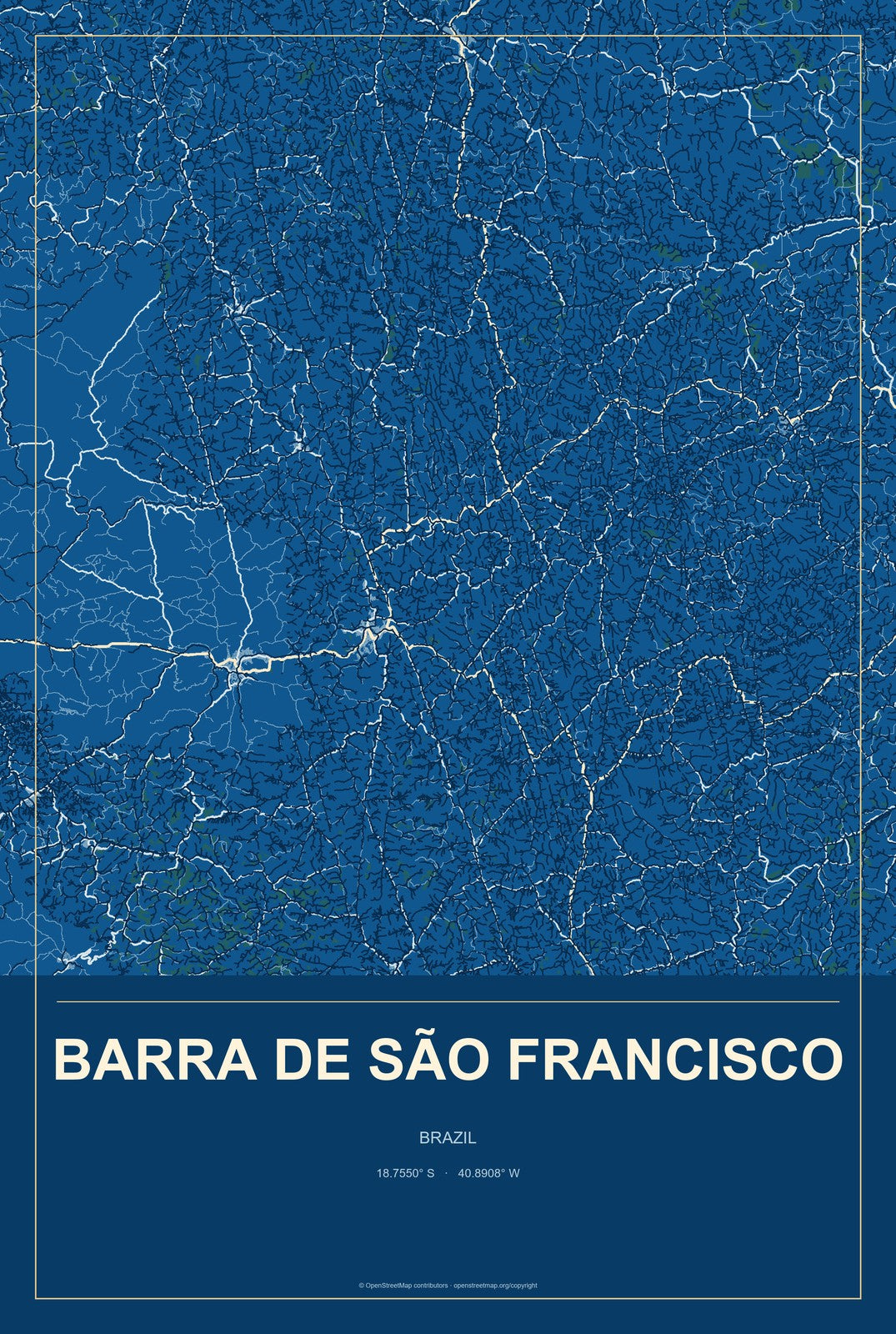 Barra de São Francisco, Brazil City Map Aluminum Sign in Harbor Cobalt style