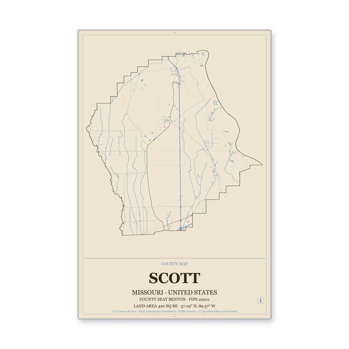 Scott County, Missouri Map Aluminum Sign in Heritage Nautical style