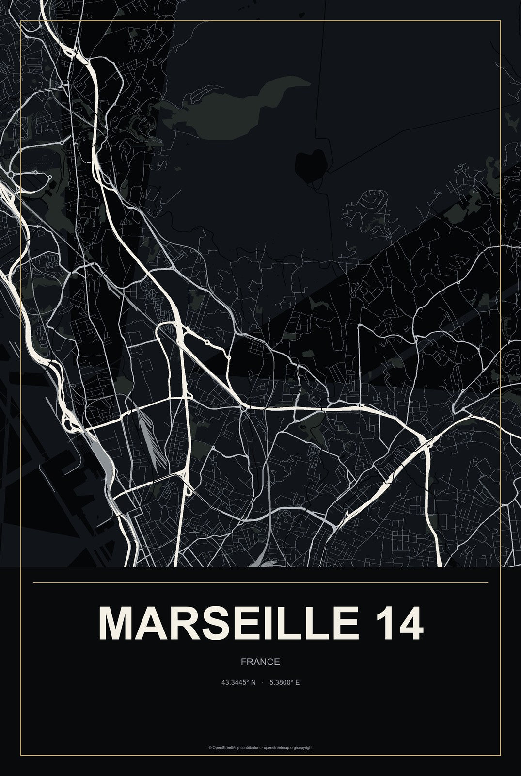 Marseille 14, France City Map Aluminum Sign in Metropolitan Noir style
