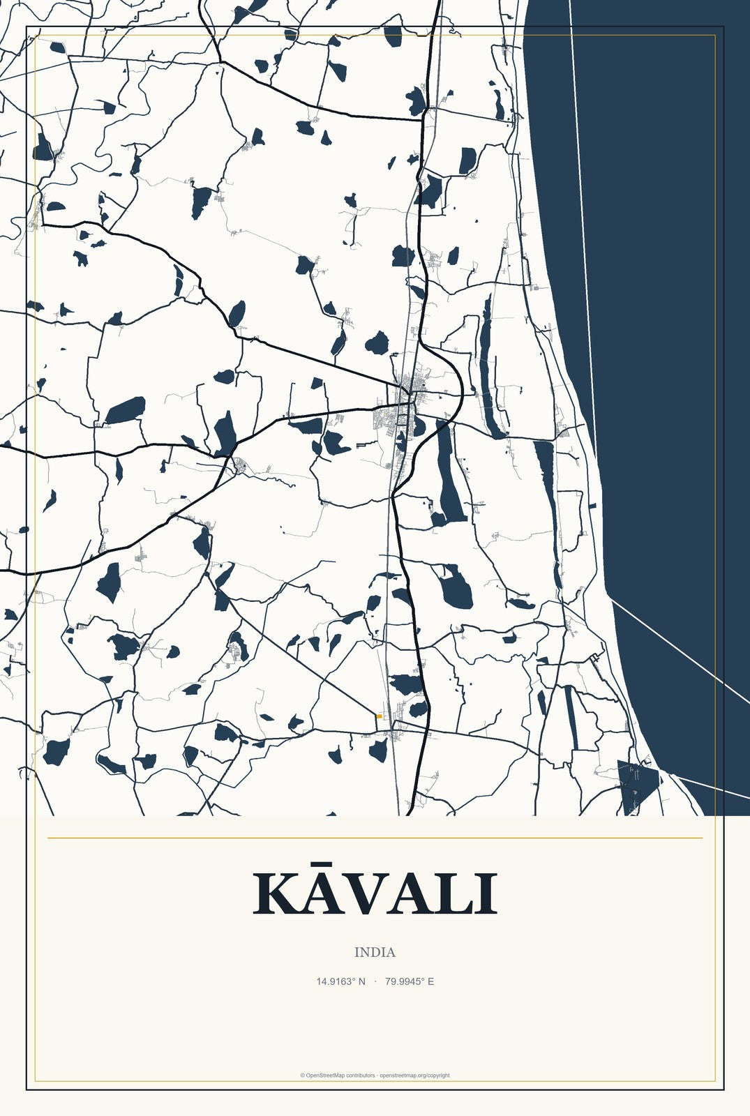 Kāvali, India City Map Aluminum Sign in Citrine Modern style