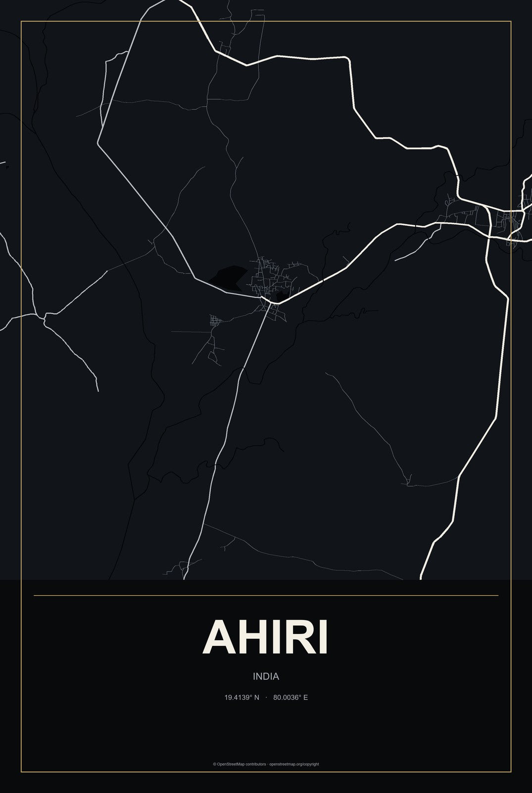Ahiri, India City Map Aluminum Sign in Metropolitan Noir style