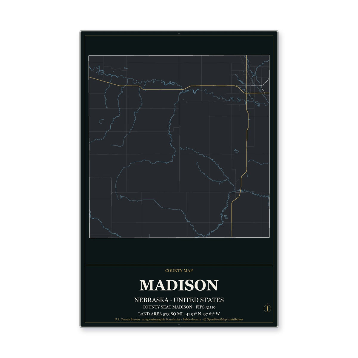Madison County, Nebraska Map Aluminum Sign in Metropolitan Noir style