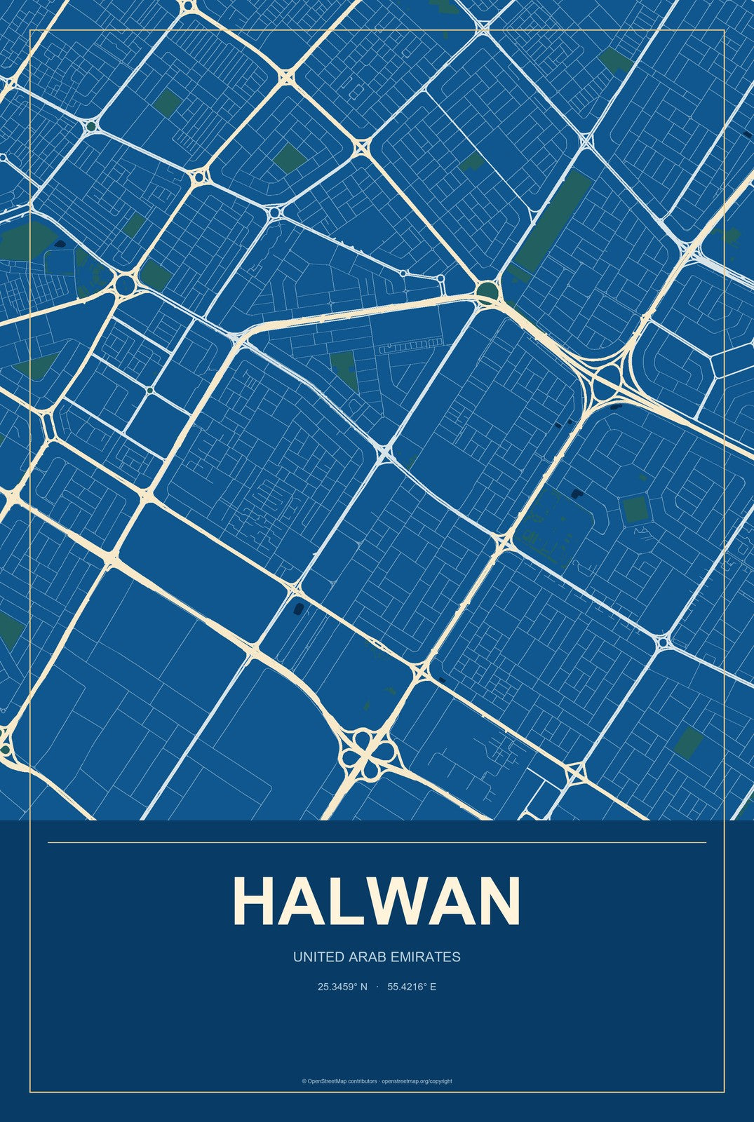 Halwan, United Arab Emirates City Map Aluminum Sign in Harbor Cobalt style
