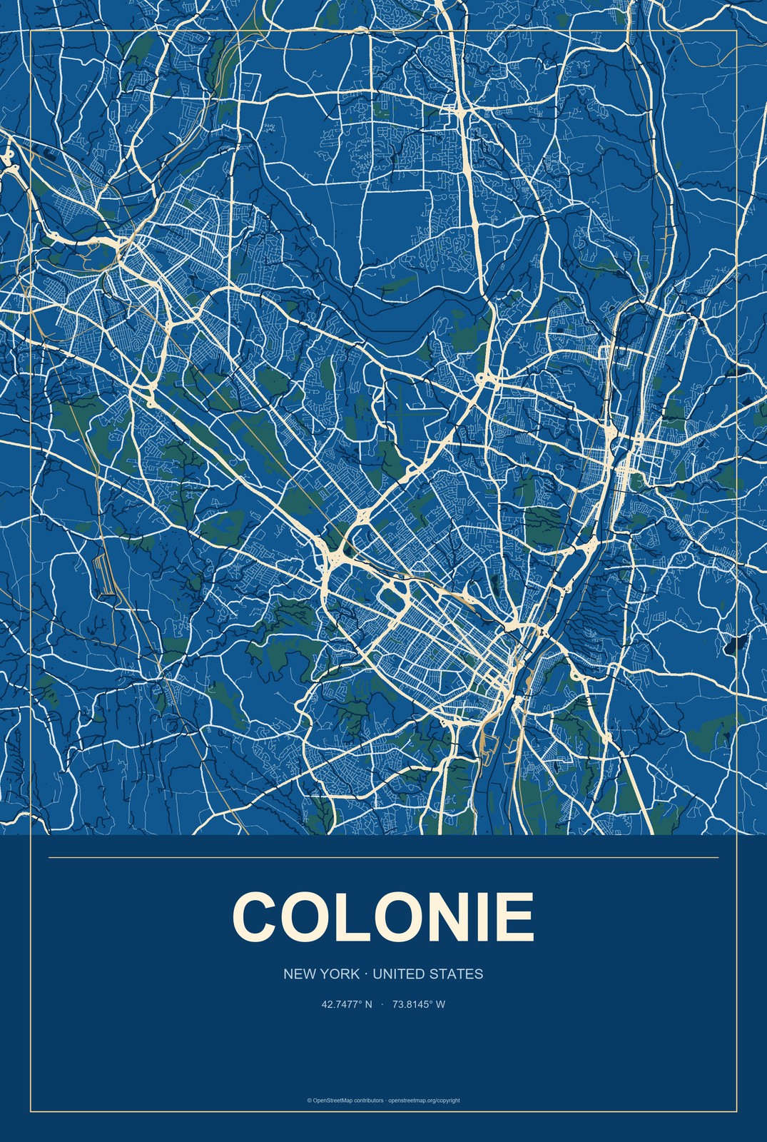 Colonie, New York City Map Aluminum Sign in Harbor Cobalt style