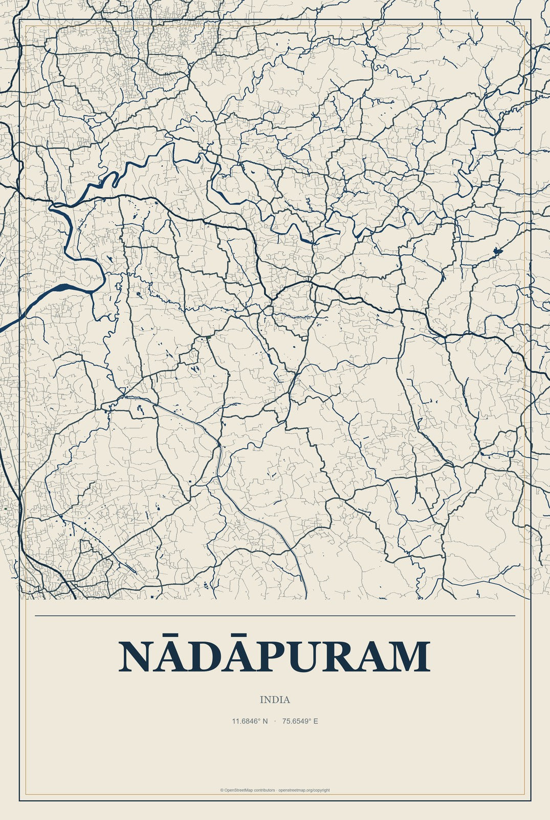 Nādāpuram, India City Map Aluminum Sign in Coastal Cutout style