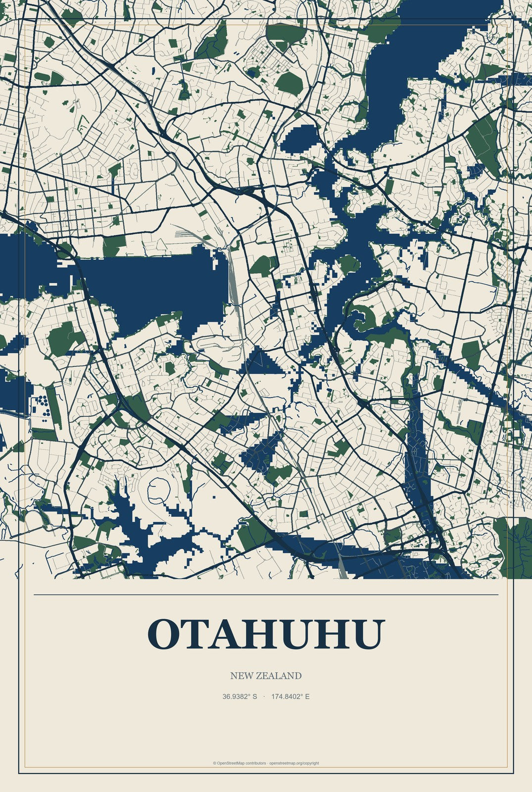 Otahuhu, New Zealand City Map Aluminum Sign in Coastal Cutout style