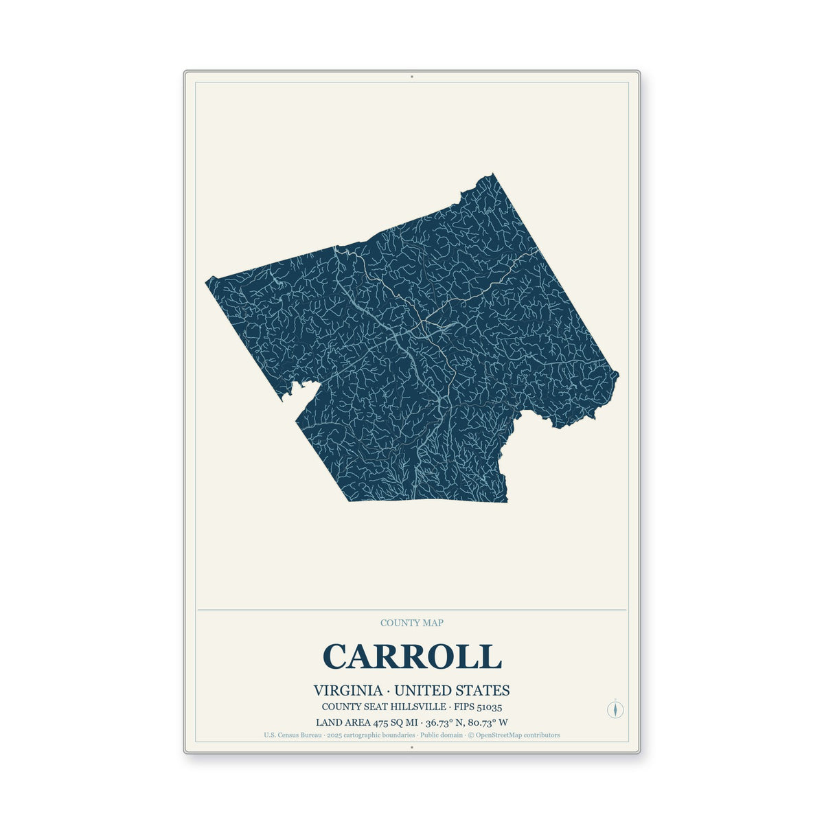 Carroll County, Virginia Map Aluminum Sign in Coastal Cutout style