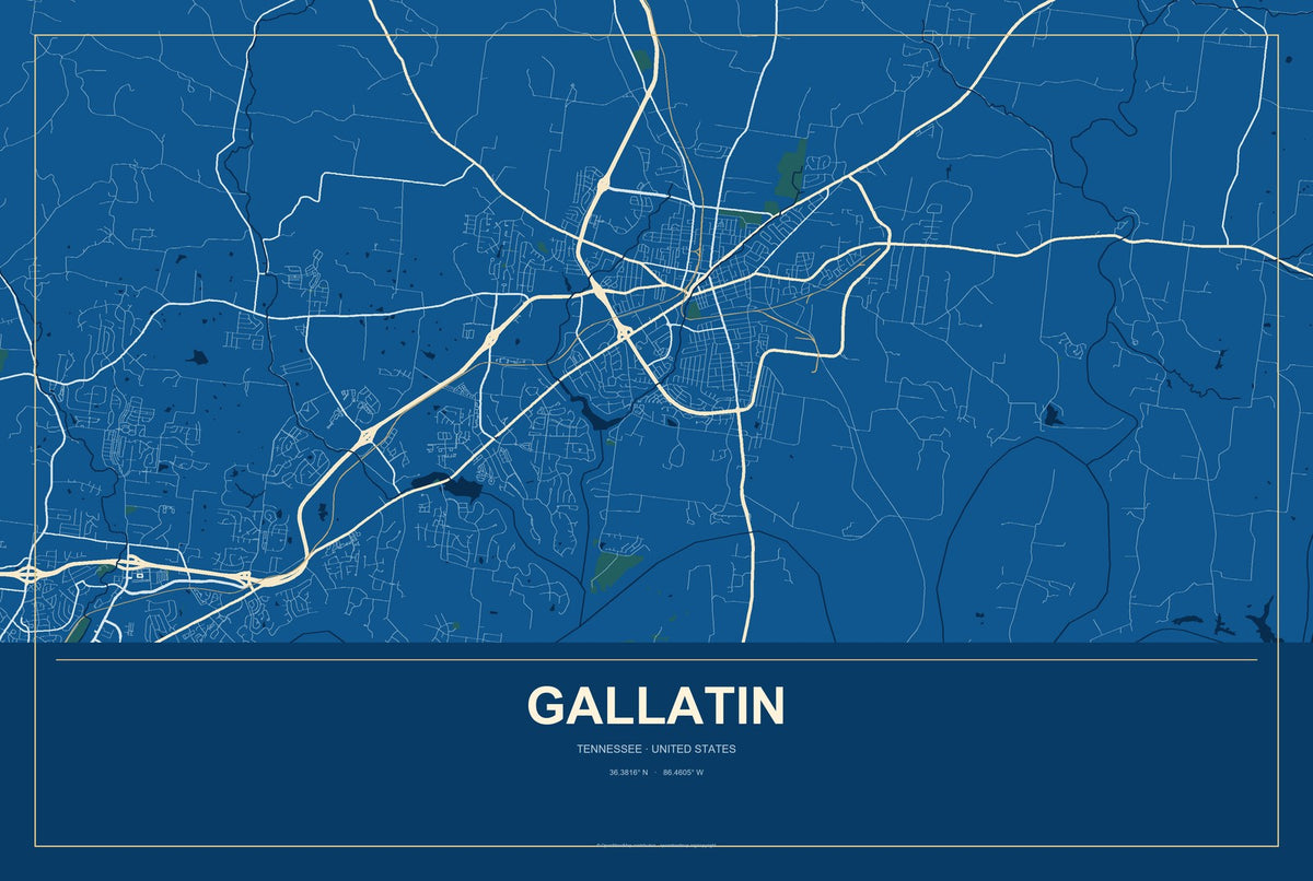 Gallatin, Tennessee City Map Aluminum Sign in Harbor Cobalt style