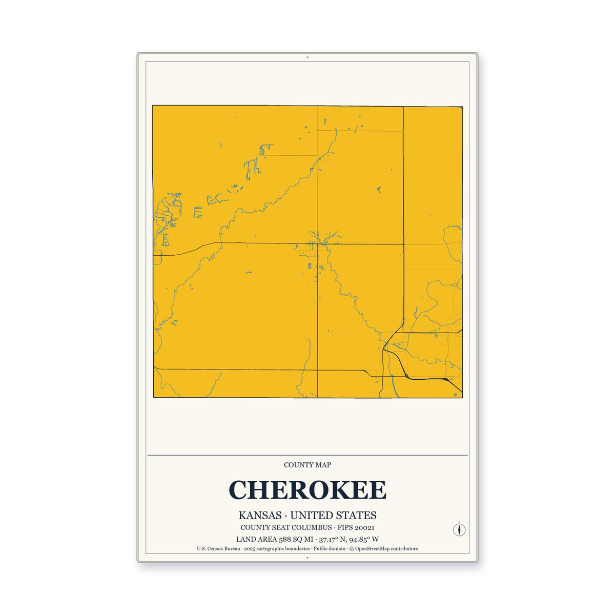 Cherokee County, Kansas Map Aluminum Sign in Citrine Modern style