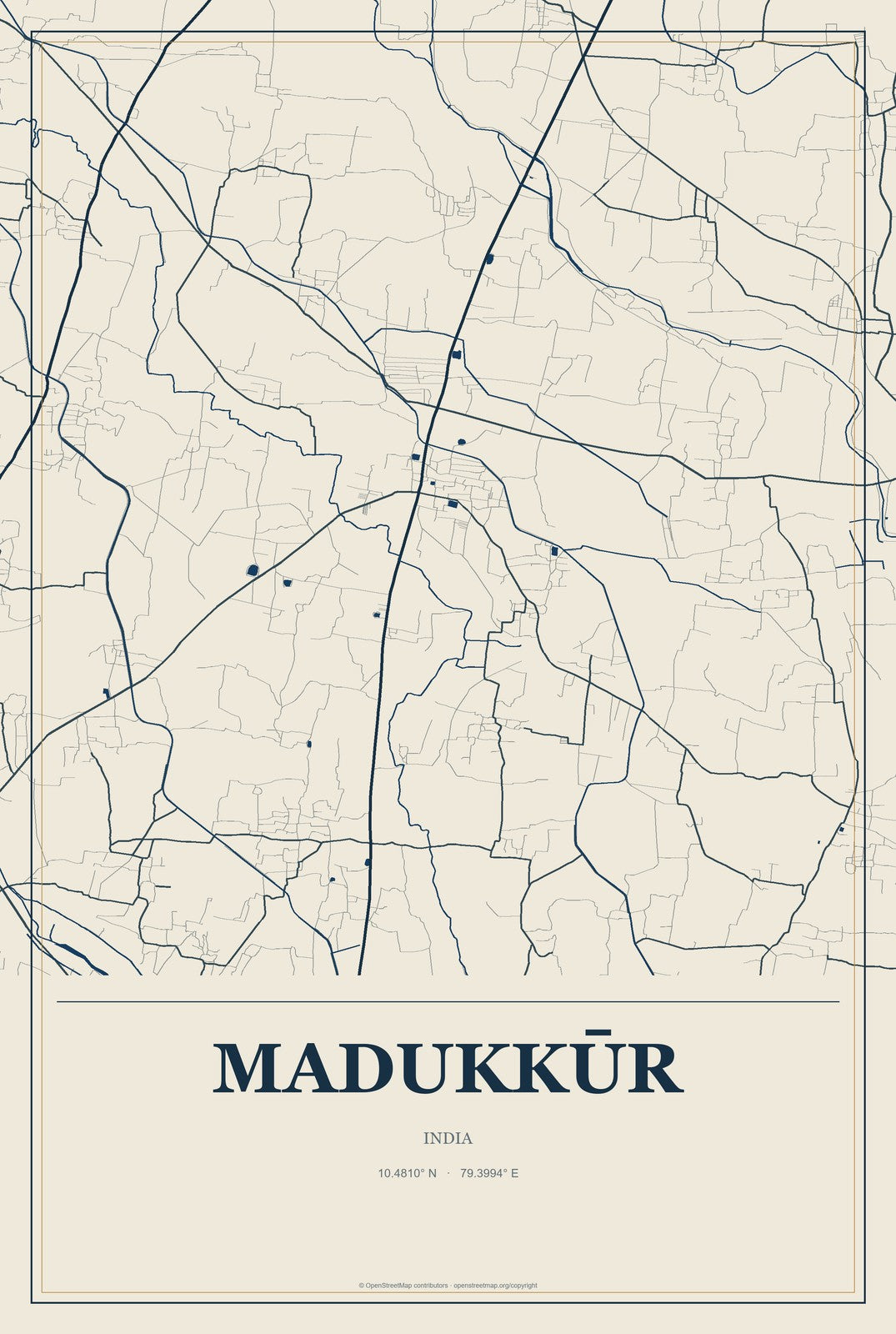 Madukkūr, India City Map Aluminum Sign in Coastal Cutout style