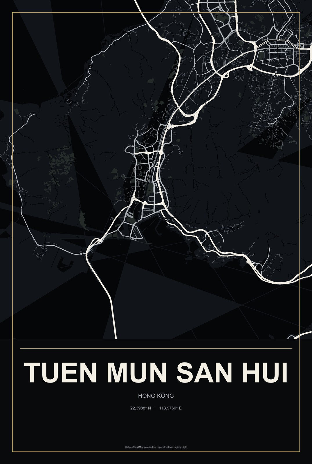 Tuen Mun San Hui, Hong Kong City Map Aluminum Sign in Metropolitan Noir style