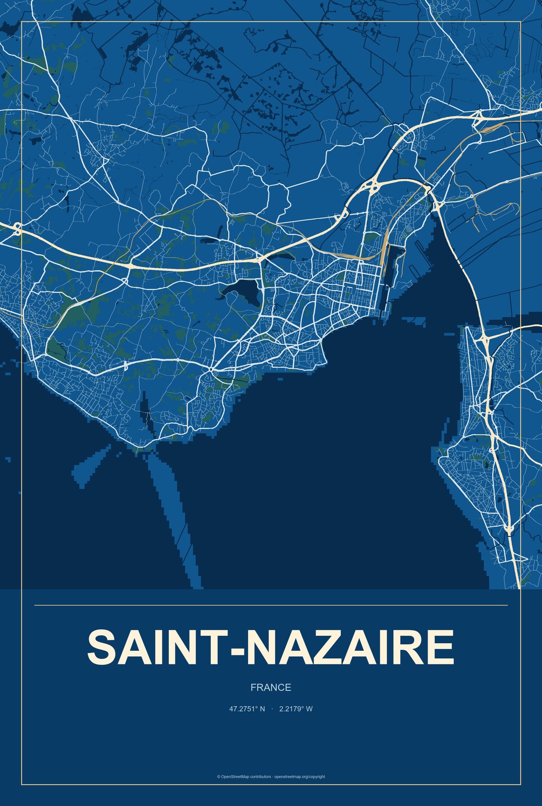 Saint-Nazaire, France City Map Aluminum Sign in Harbor Cobalt style