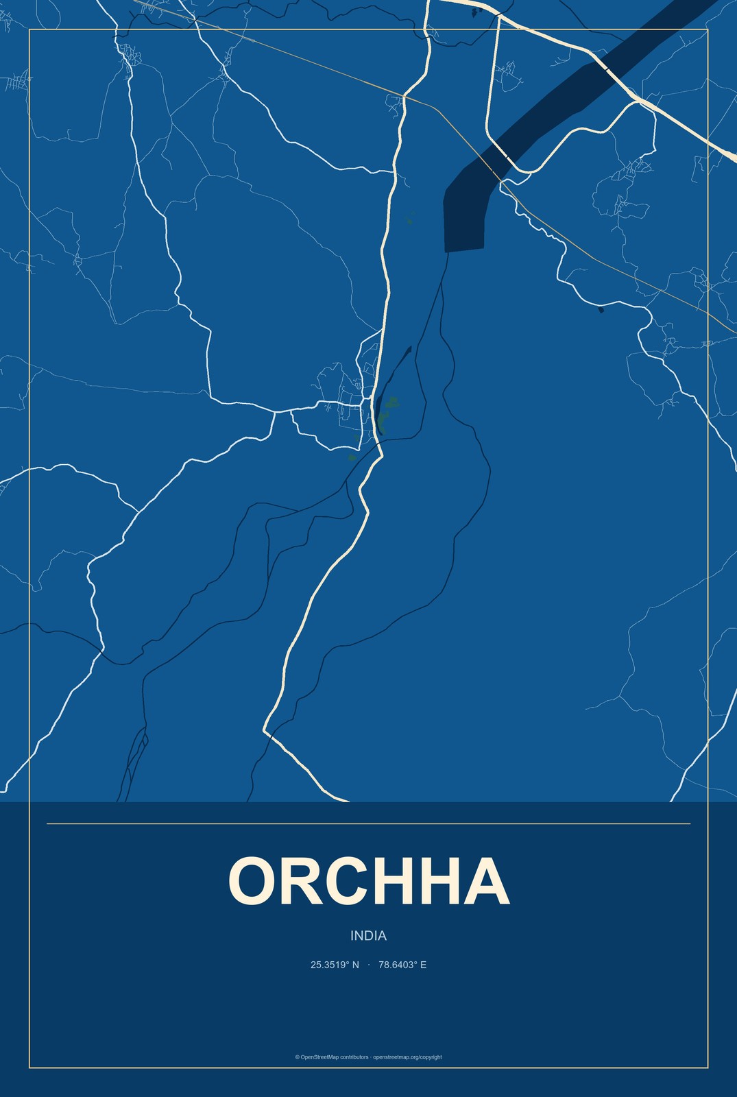 Orchha, India City Map Aluminum Sign in Harbor Cobalt style