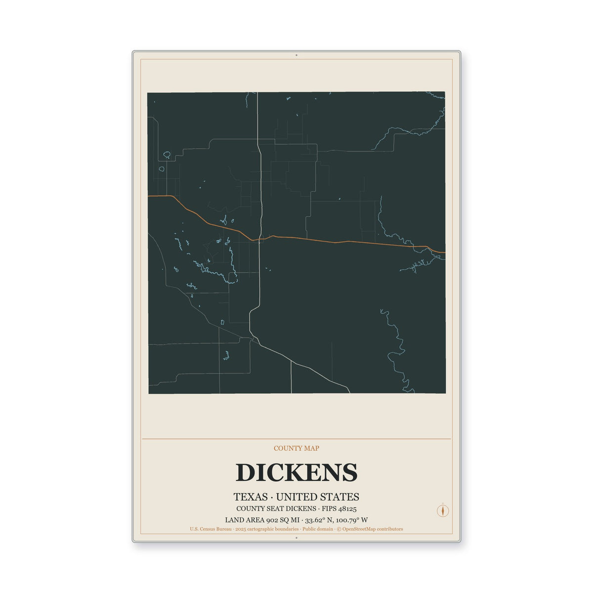 Dickens County, Texas Map Aluminum Sign in Headline Atlas style