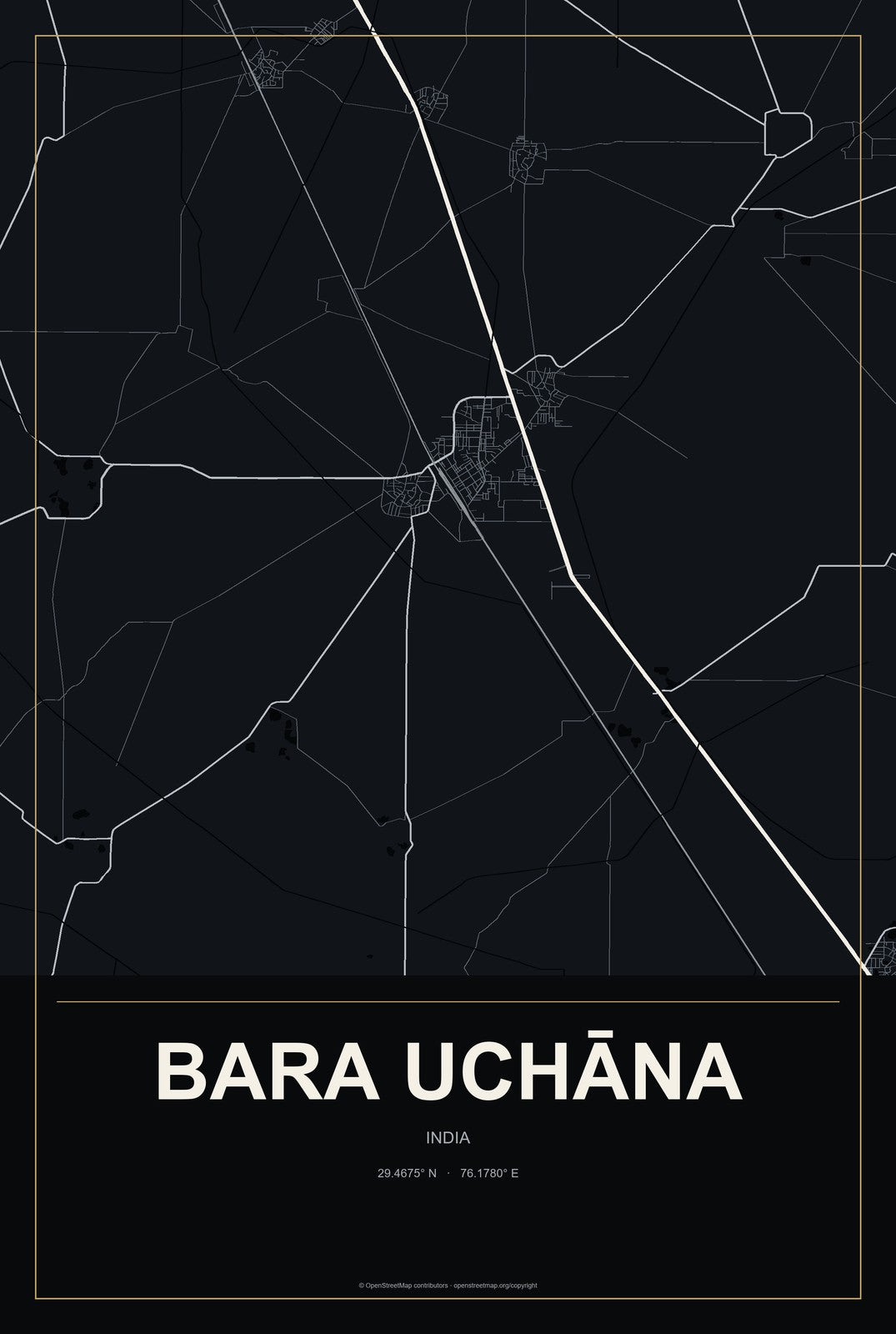 Bara Uchāna, India City Map Aluminum Sign in Metropolitan Noir style