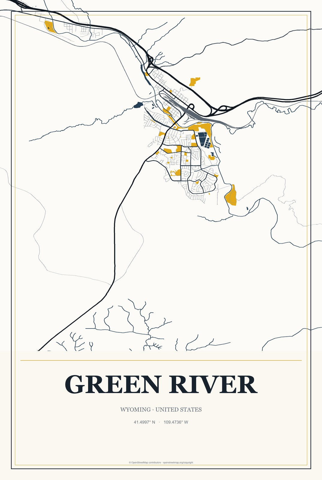 Green River, Wyoming City Map Aluminum Sign in Citrine Modern style