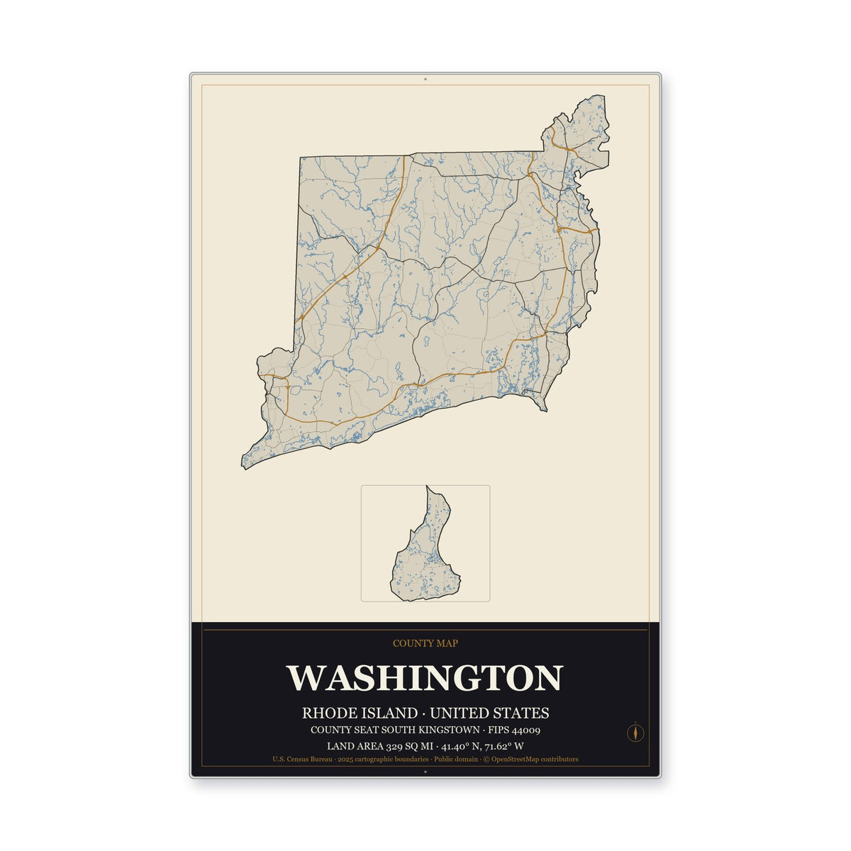 Washington County, Rhode Island Map Aluminum Sign in Museum Plaque style